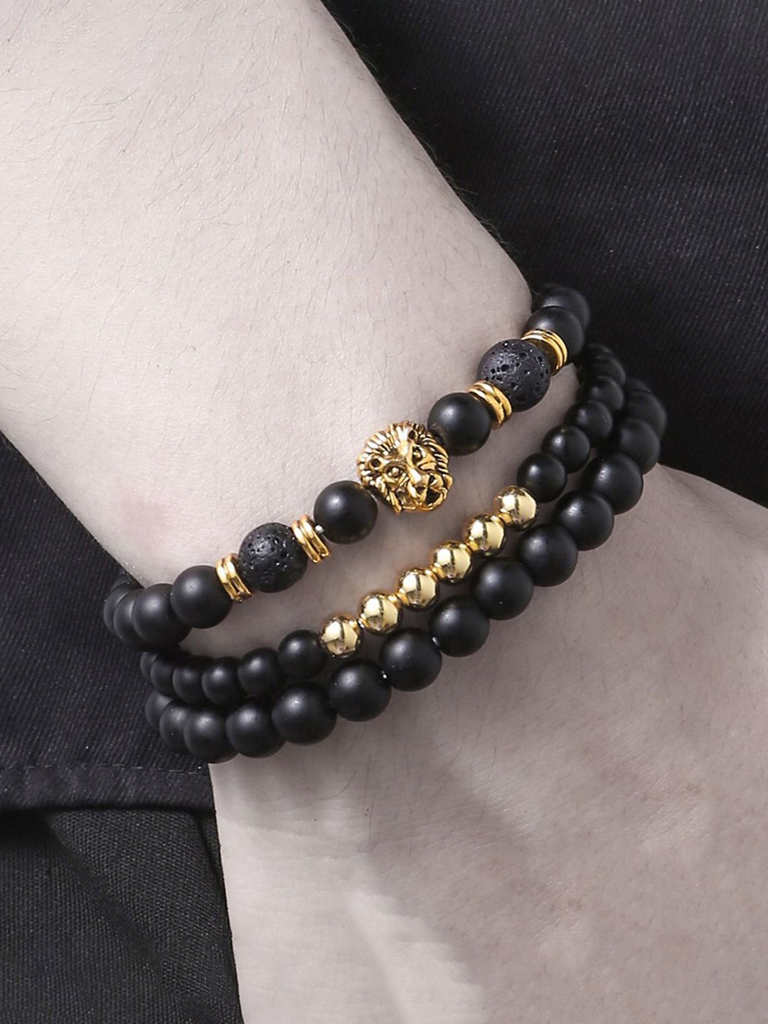 

Designs & You Men Set Of 3 Gold-Plated Beaded Elasticated Bracelet, Black