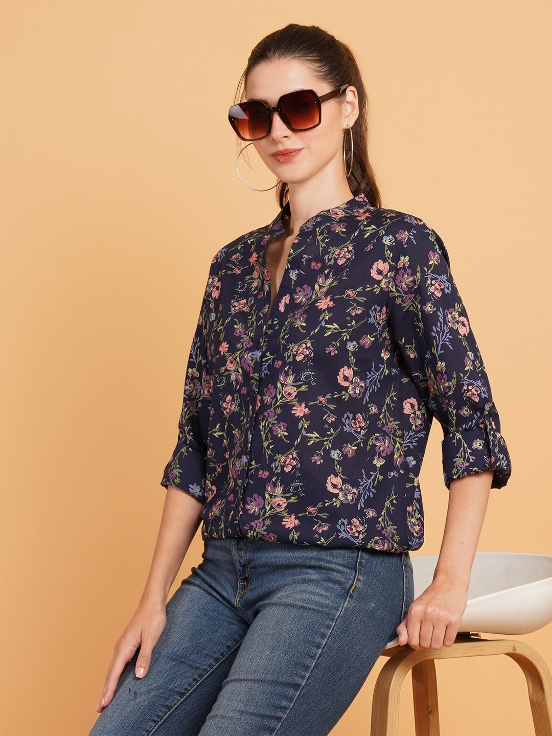 

Mast & Harbour Women Relaxed Mandarin Collar Floral Printed Cotton Oversized Casual Shirt, Navy blue