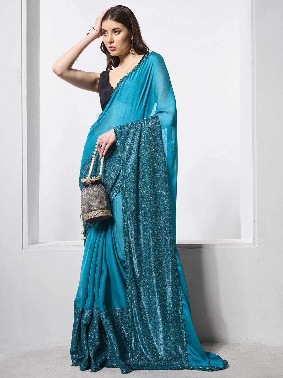 

Mitera Embellished Sequinned Pure Chiffon Ready to Wear Saree, Teal