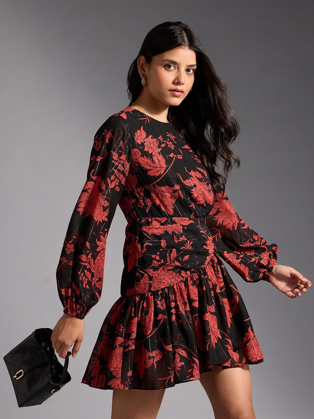 

20Dresses Women Floral Printed Drop-Waist Mini Dress, Black