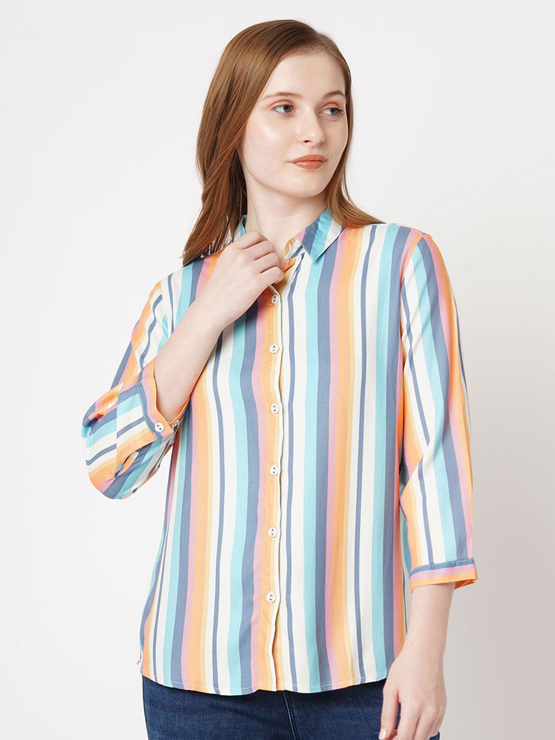 

Kraus Jeans Women Spread Collar Vertical Striped Slim Fit Casual Shirt, Blue