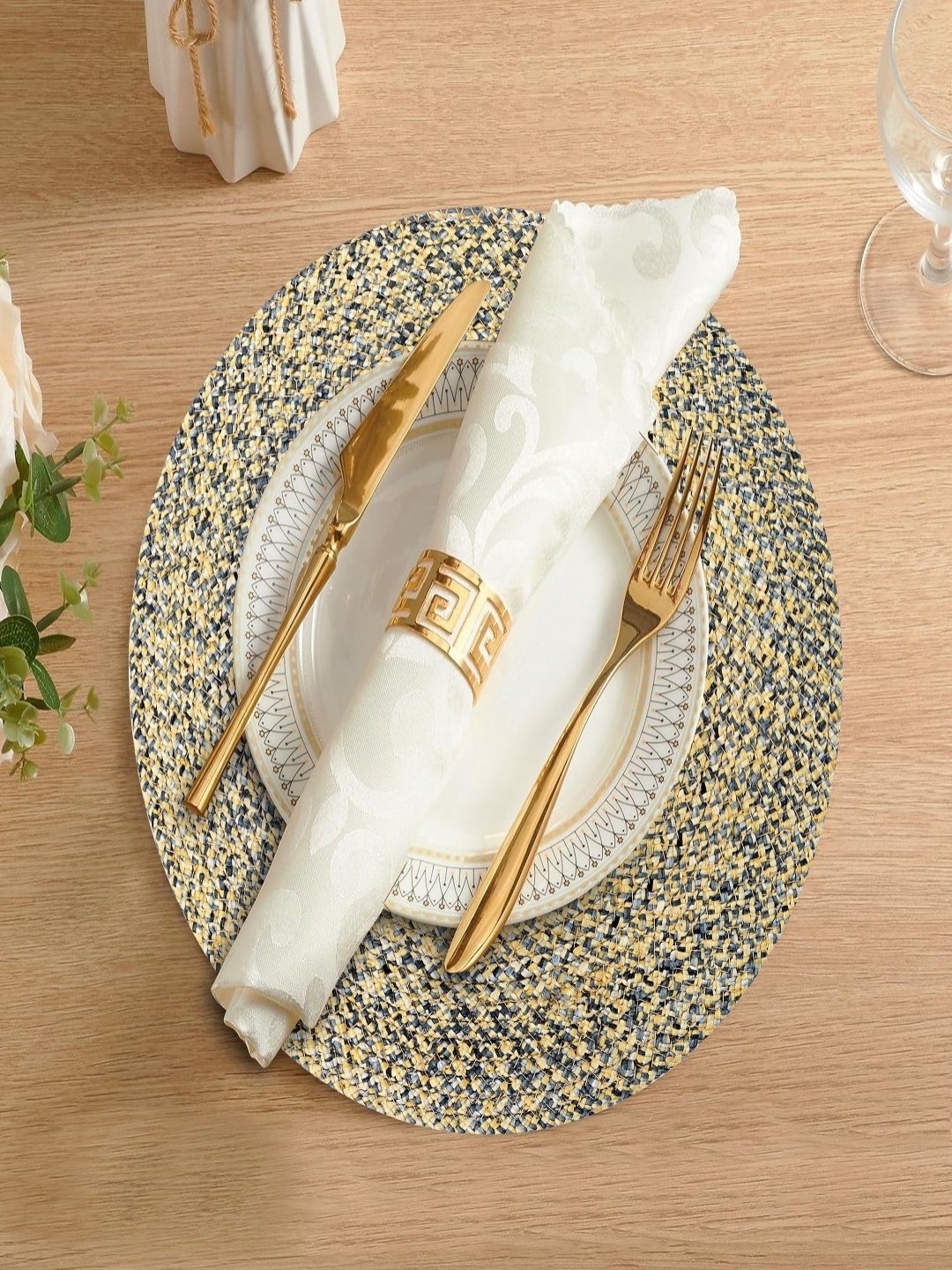 

LADLI JEE Beige & Grey Woven Design Heat Resistant Table Placemats