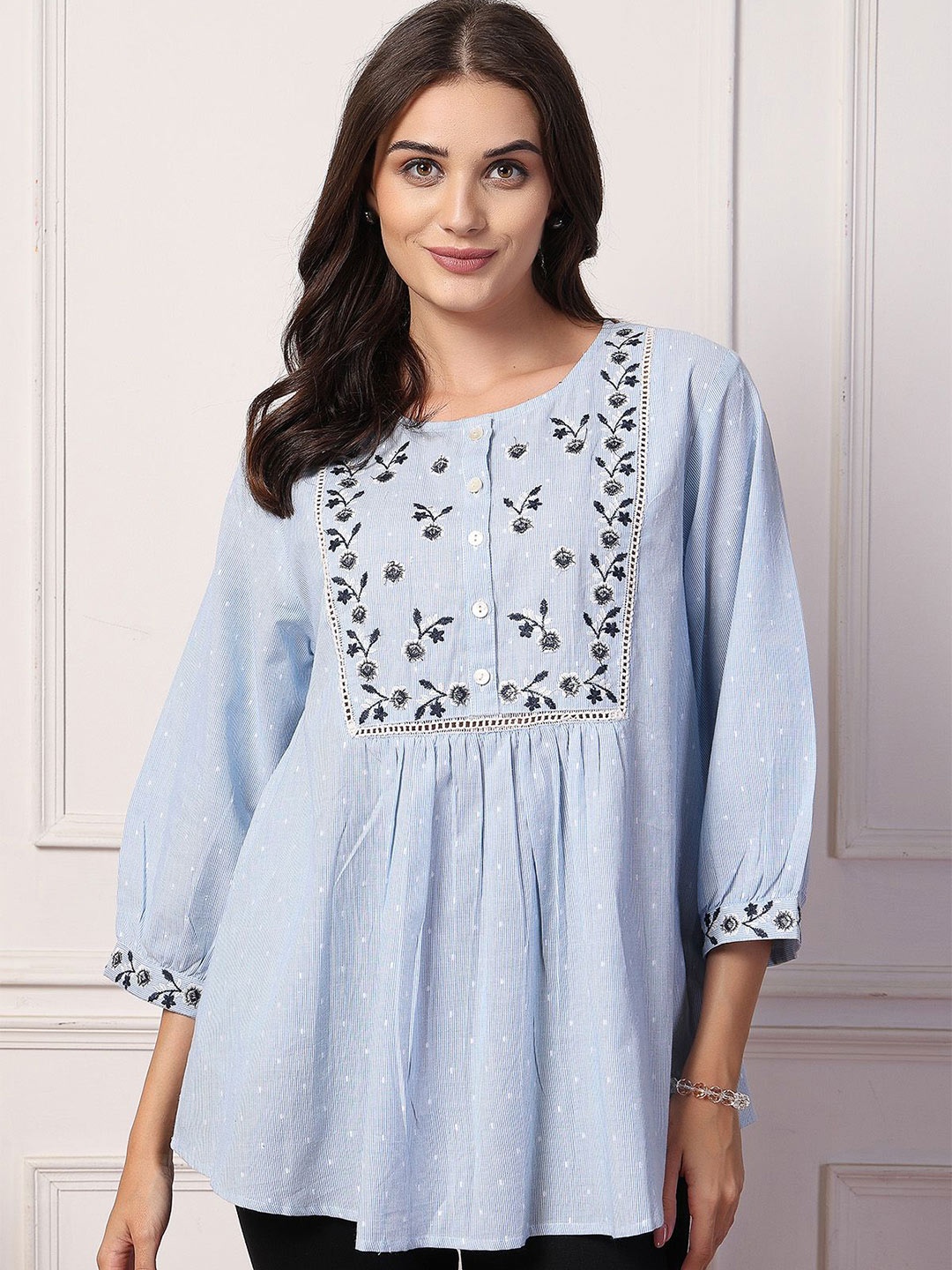 

House Of Zelena Women Floral Embroidered Cotton Maternity Top, Blue