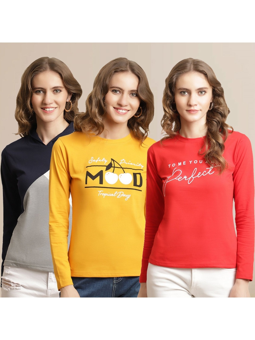 

Metronaut Women Pack Of 3 Printed Round Neck Cotton T-shirts, Yellow