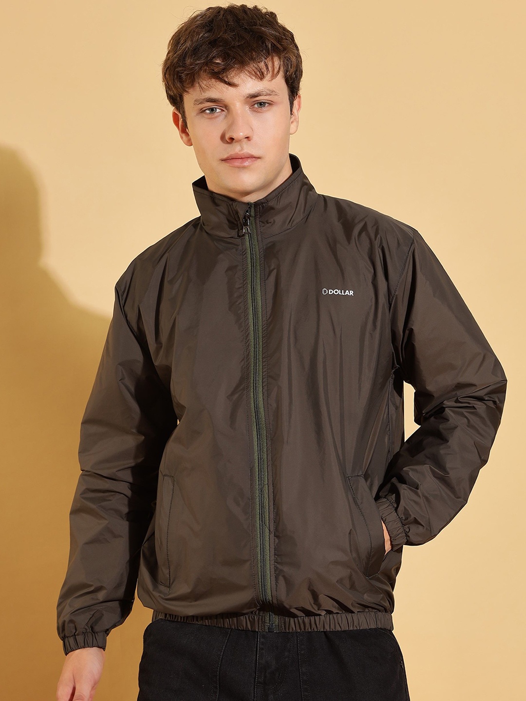 

Dollar Men Mock Collar Solid Casual Bomber Jacket, Olive