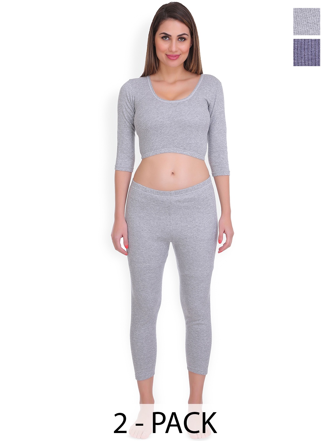 

SELFCARE Women Pack Of 2 Round Neck Cotton Thermal Sets, Grey