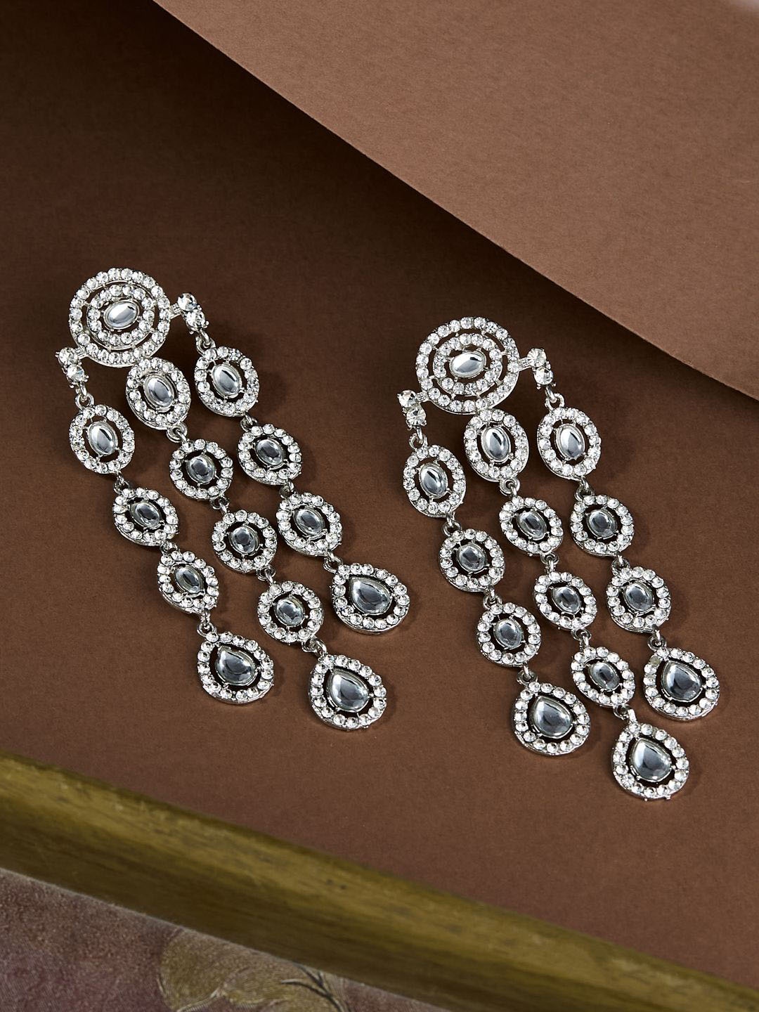 

ATIBELLE Silver-Plated Kundan Stone Studded Layered Drop Earrings