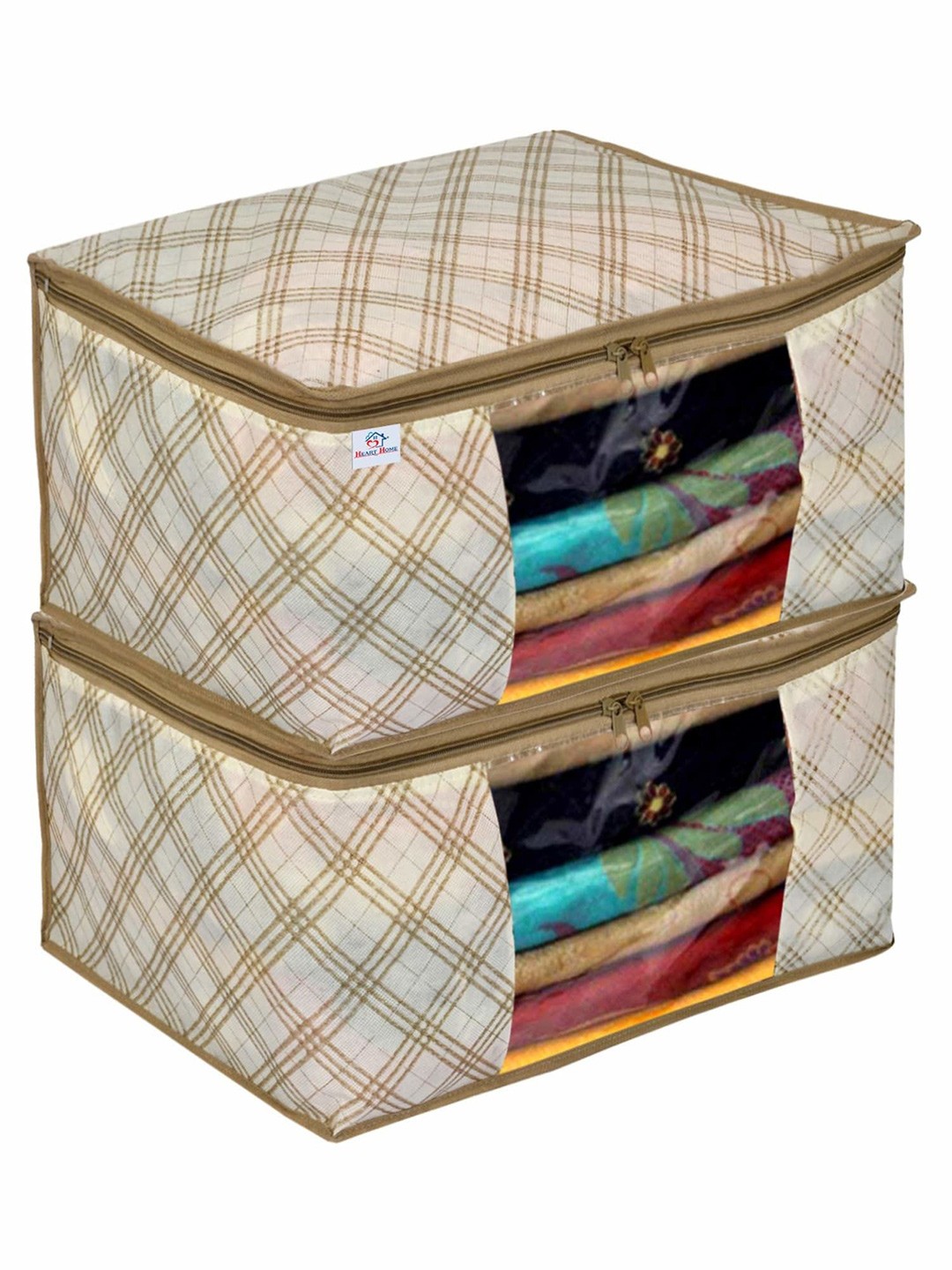 

Kuber Industries Cream-Coloured & Brown 2 Pieces Checked Saree Cover Organisers