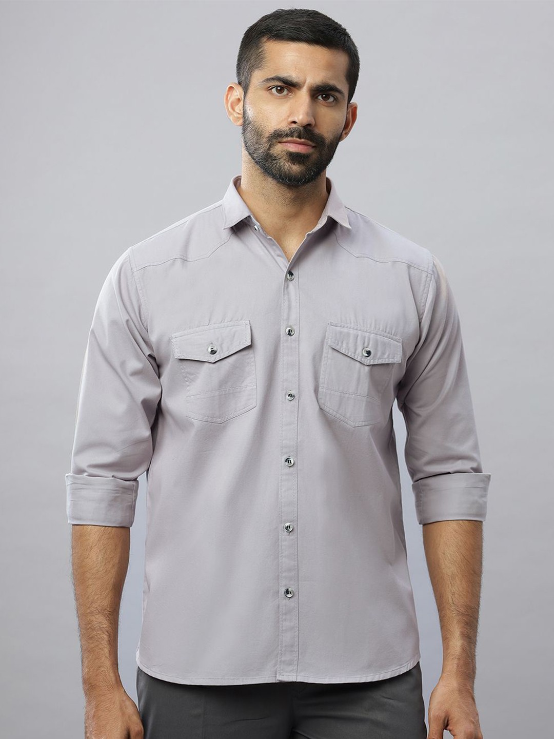 

N AND J Men Relaxed Spread Collar Solid Cotton Casual Shirt, Grey