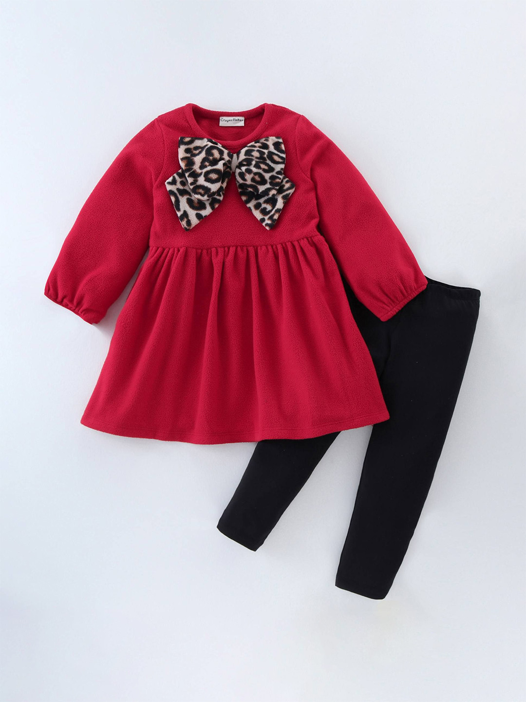 

CrayonFlakes Girls Round Neck Printed Top with Leggings, Red