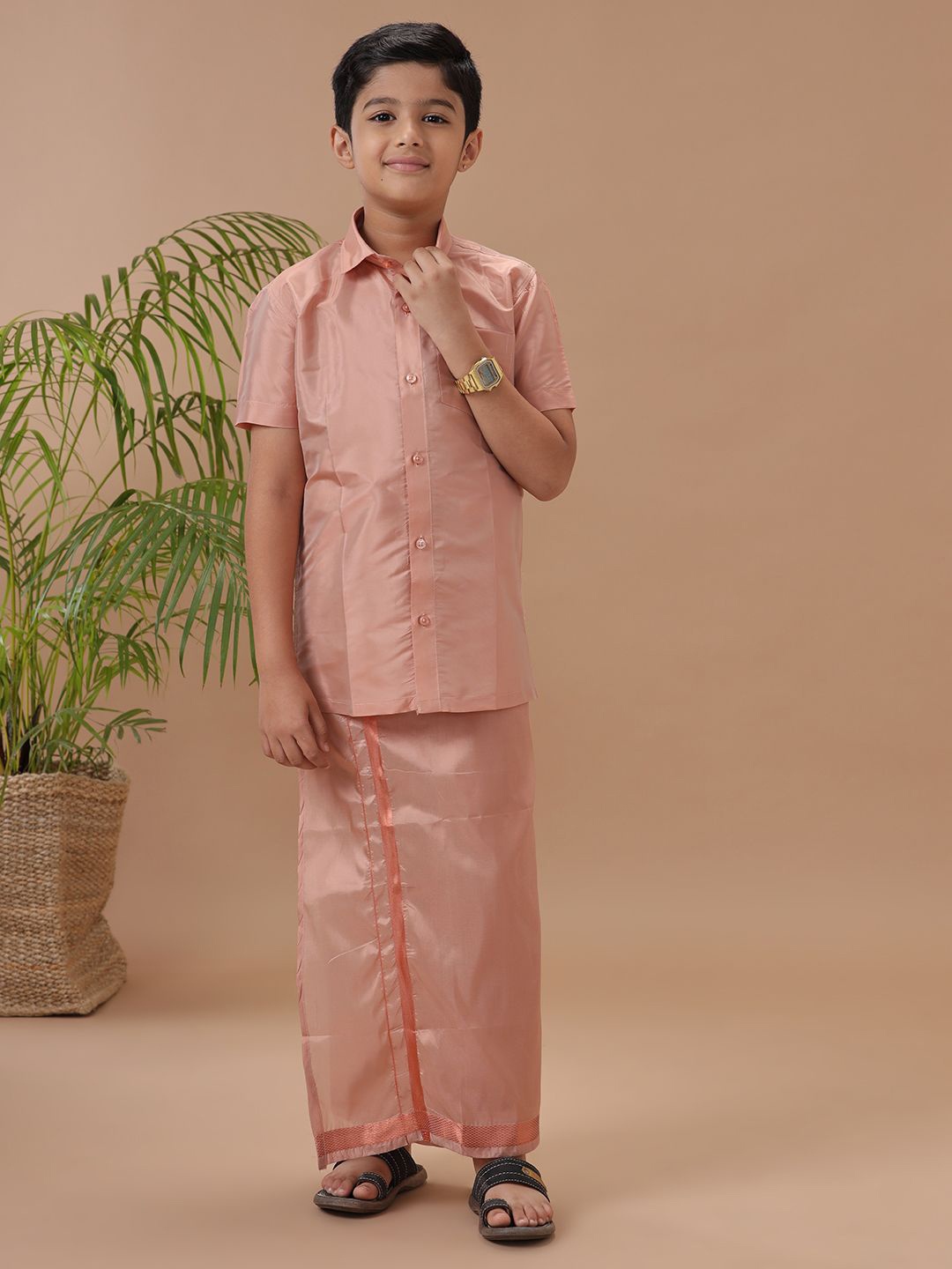 

Ramraj Boys Short Sleeves Shirt With Zari Border Dhoti, Copper