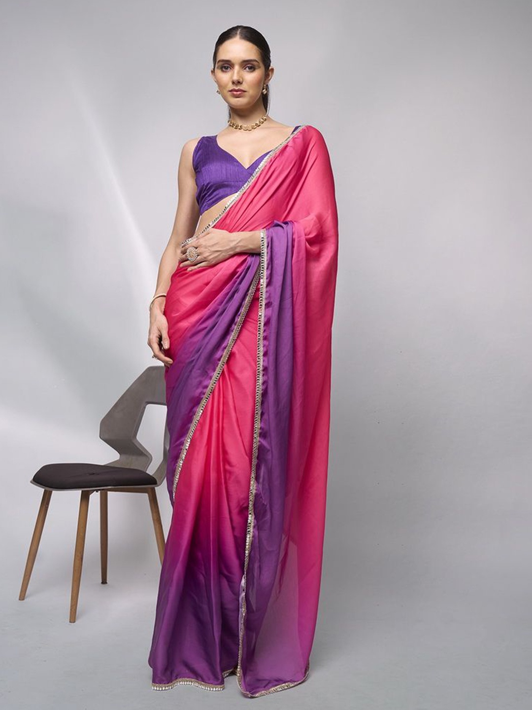 

Kalista Colourblocked Mirror Work Satin Ready to Wear Saree, Pink