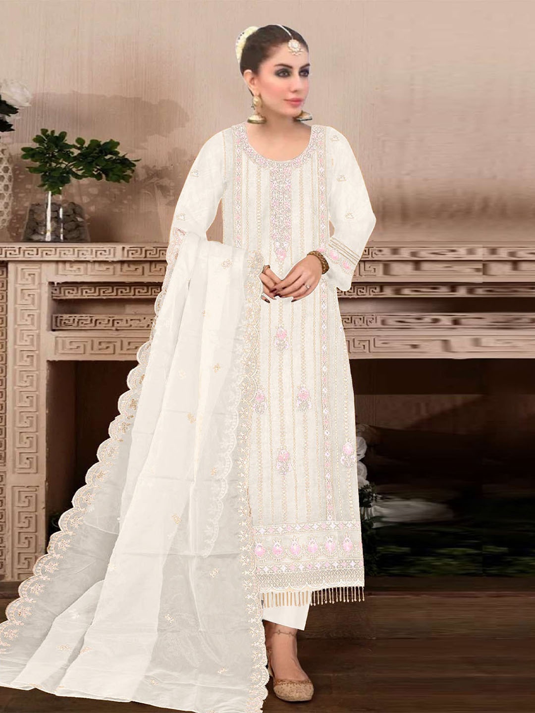 

ODETTE Floral Embroidered Regular Georgette Straight Kurta with Trousers & Dupatta, White