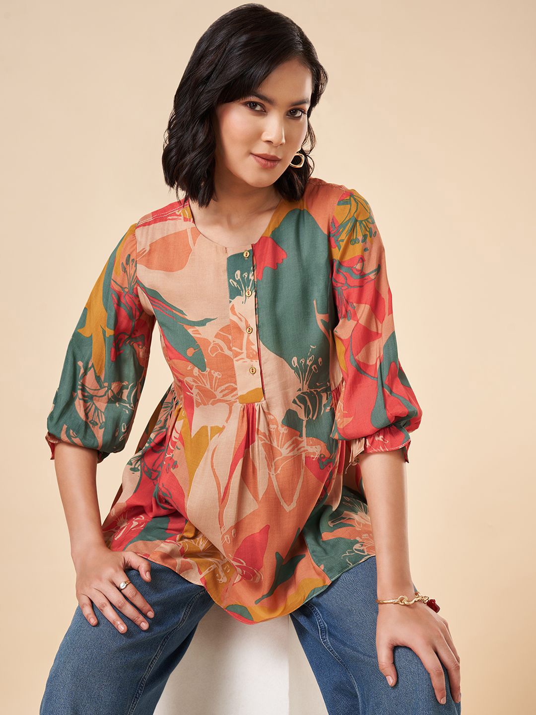 

Marigold Lane Women Printed Peplum Top, Teal