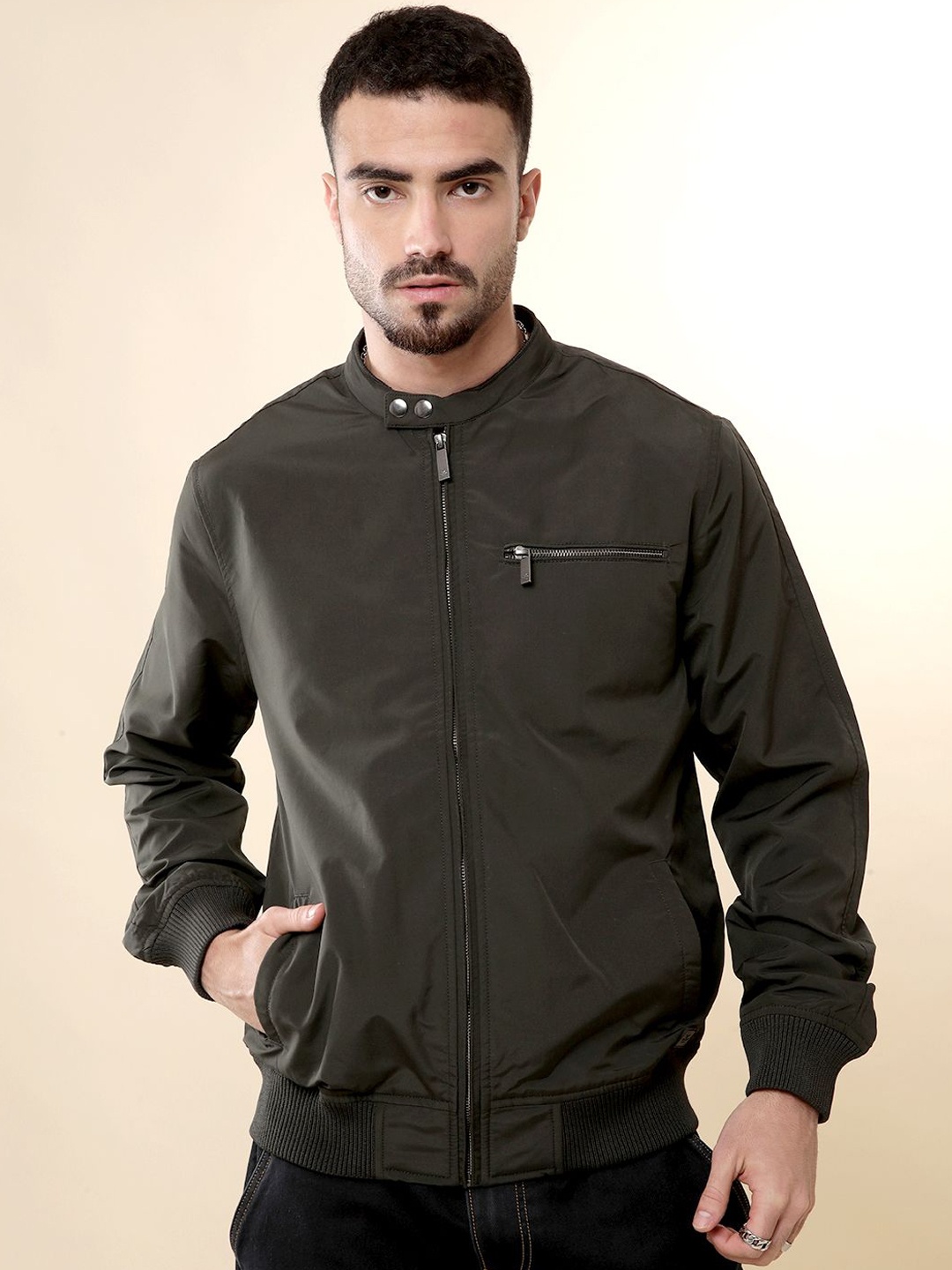 

WROGN Men Mandarin Collar Solid Casual Bomber Jacket, Olive