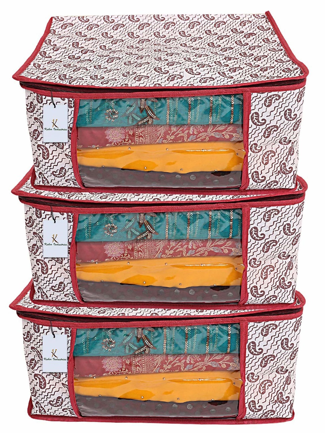 

Kuber Industries Maroon & Beige 3 Pieces Printed Saree Cover Organisers