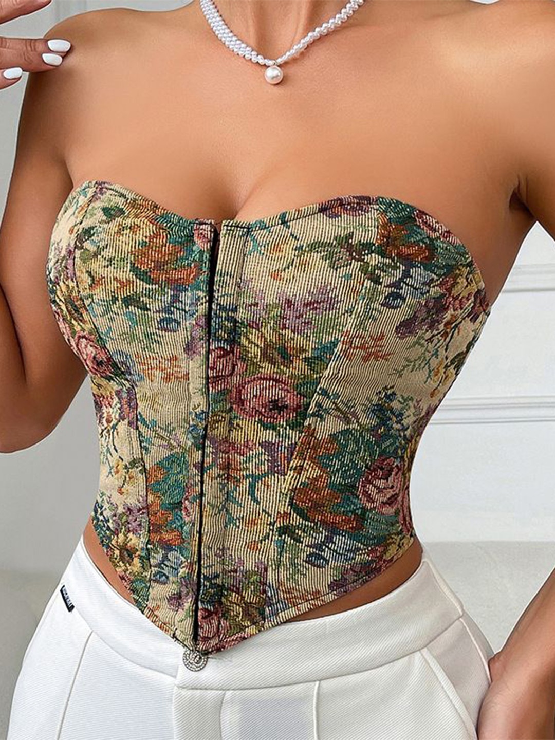 

StyleCast Women Floral Printed Strapless Corset Crop Top, Multi