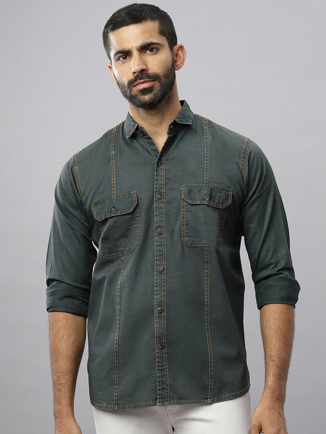 

N AND J Men Relaxed Spread Collar Solid Denim Casual Shirt, Blue