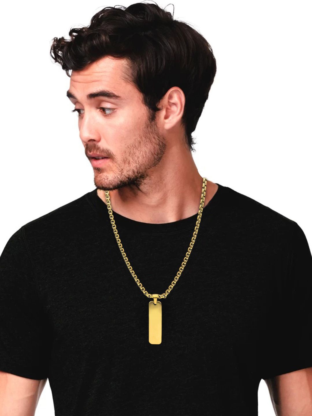 

KRENOZ Men Stainless Steel Gold Plated Rectangle Pendant With Chain