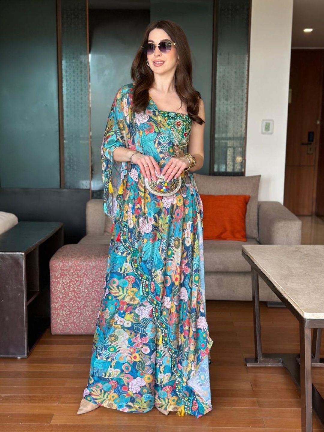 

StyleAsh Floral Printed Strapless Crop Top With Shrug & Palazzos, Green