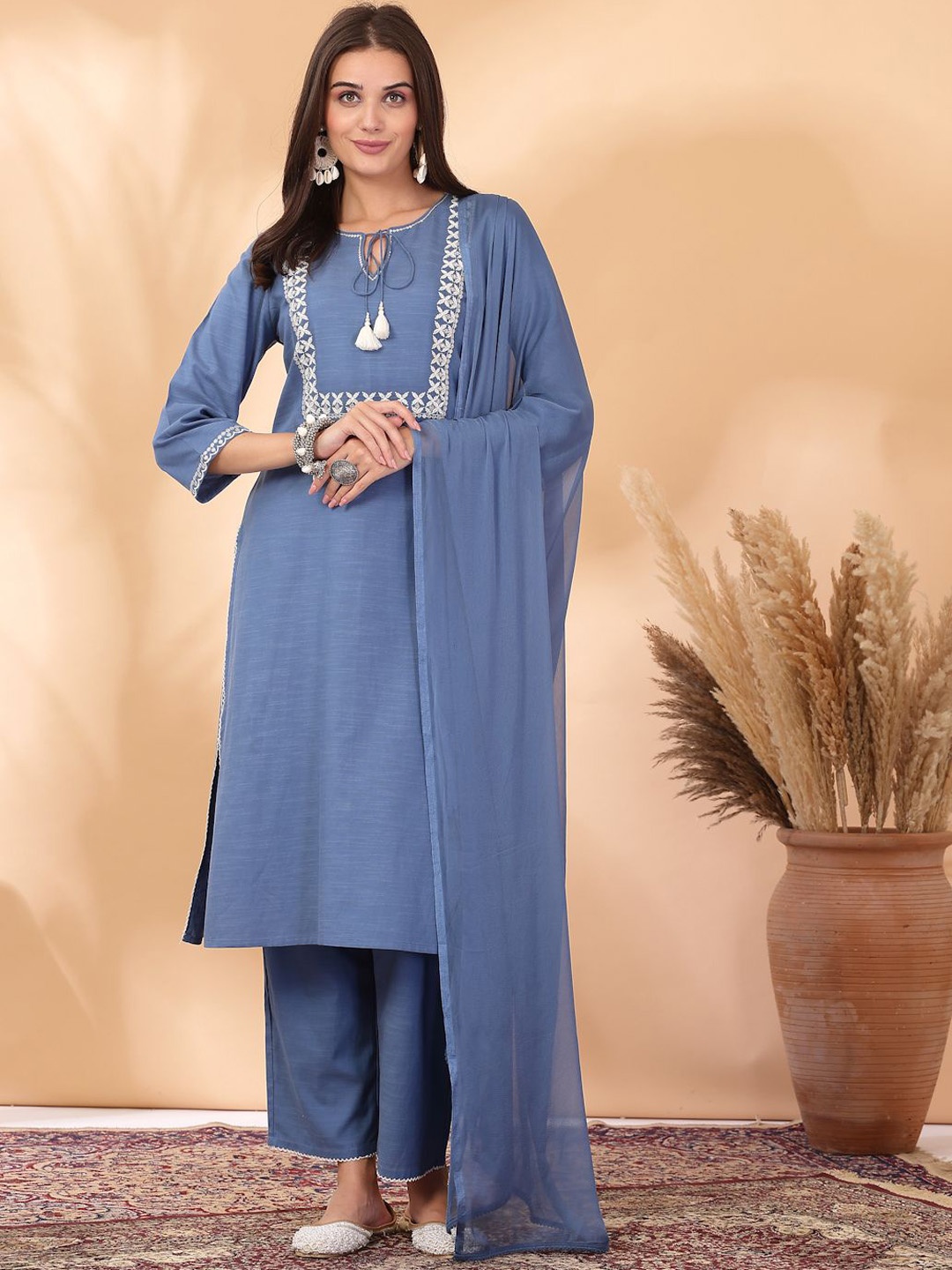 

Nayam By Lakshita Floral Embroidered Linen Straight Kurta With Palazzos & Dupatta, Blue