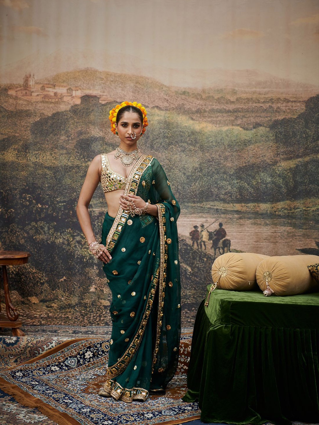 

ITRH Polka Dots Embellished Pure Cotton Saree, Green