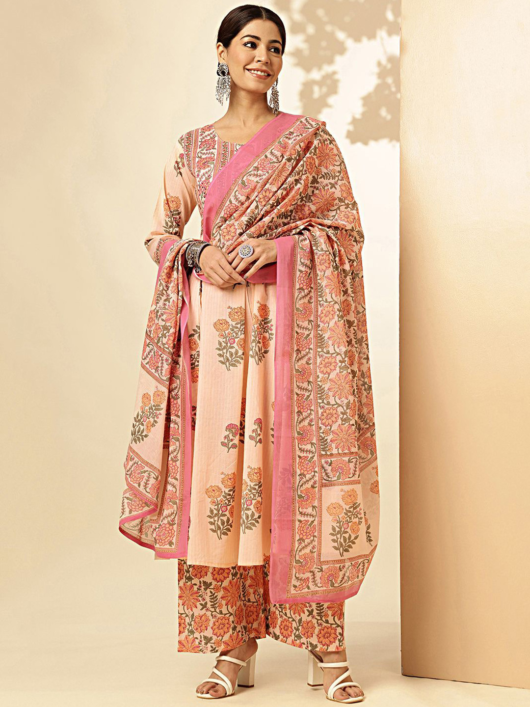 

Vbuyz Floral Printed Regular Sequinned Pure Cotton A-Line Kurta with Palazzos & Dupatta, Beige