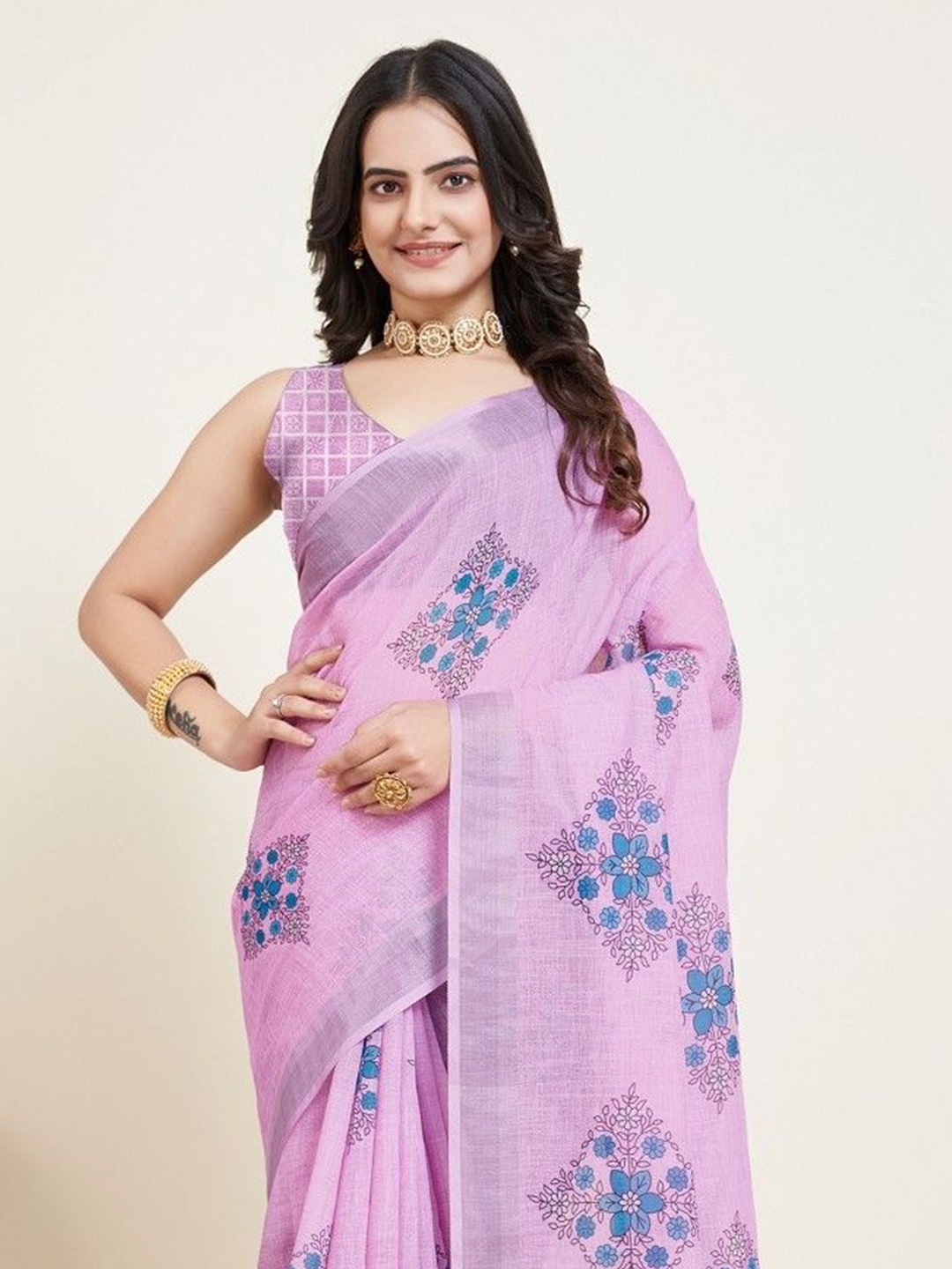 

Suha Floral Zari Printed Saree, Purple