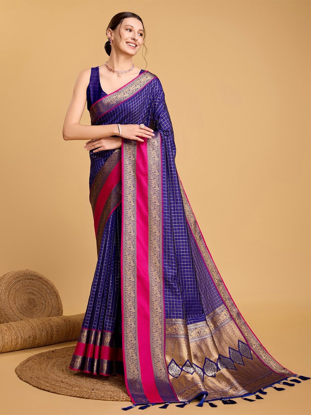 

Suha Checked Zari Pure Silk Banarasi Saree, Blue
