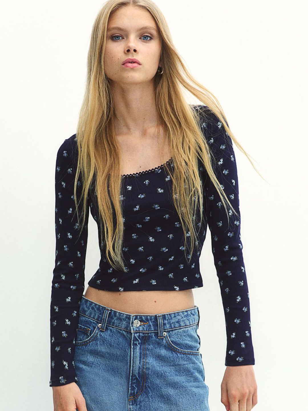 

H&M Picot-Trimmed Cotton Top, Navy blue