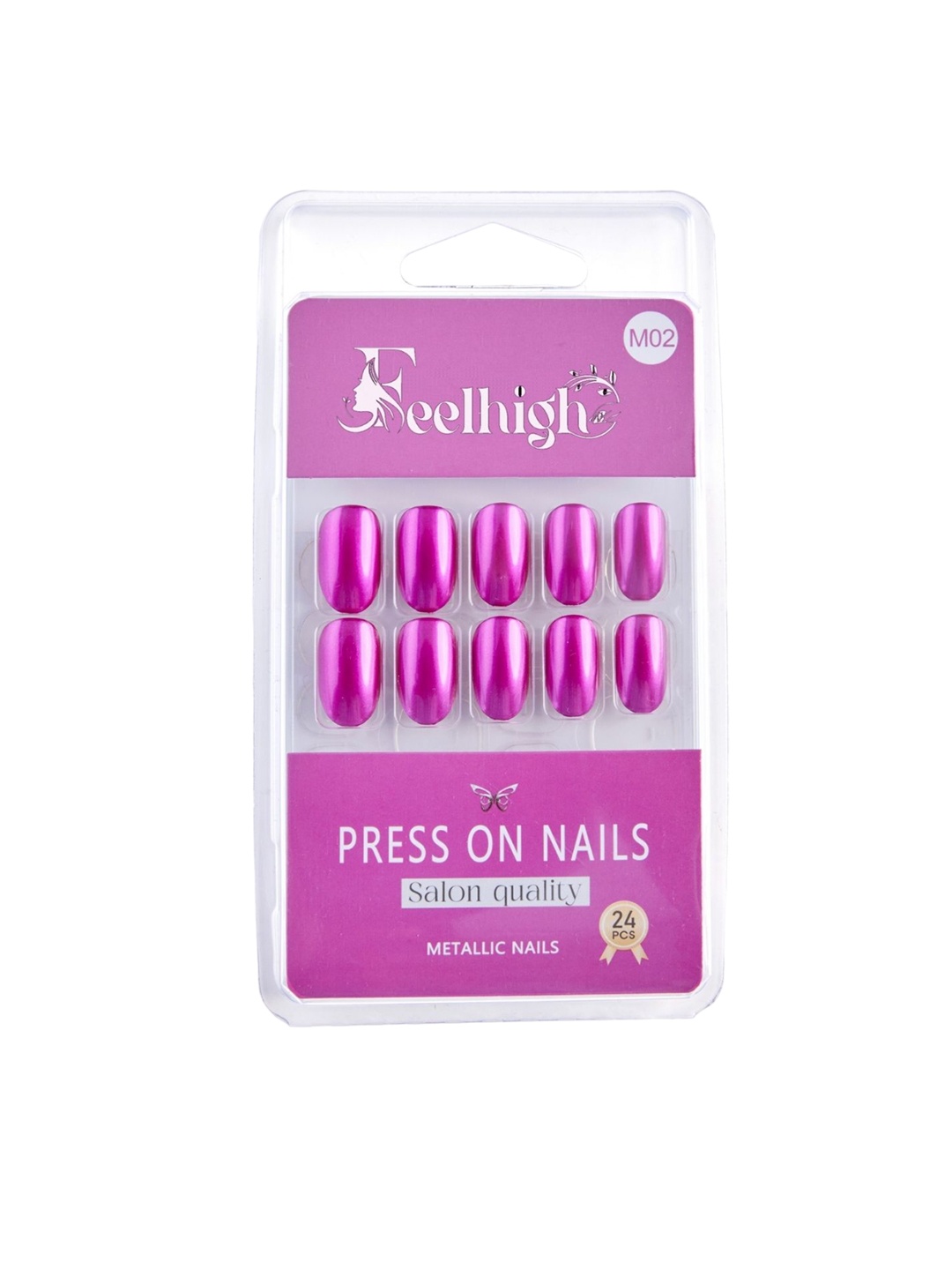 

FEELHIGH Set Of 24 Reusable Press On Metallic Nails, Pink