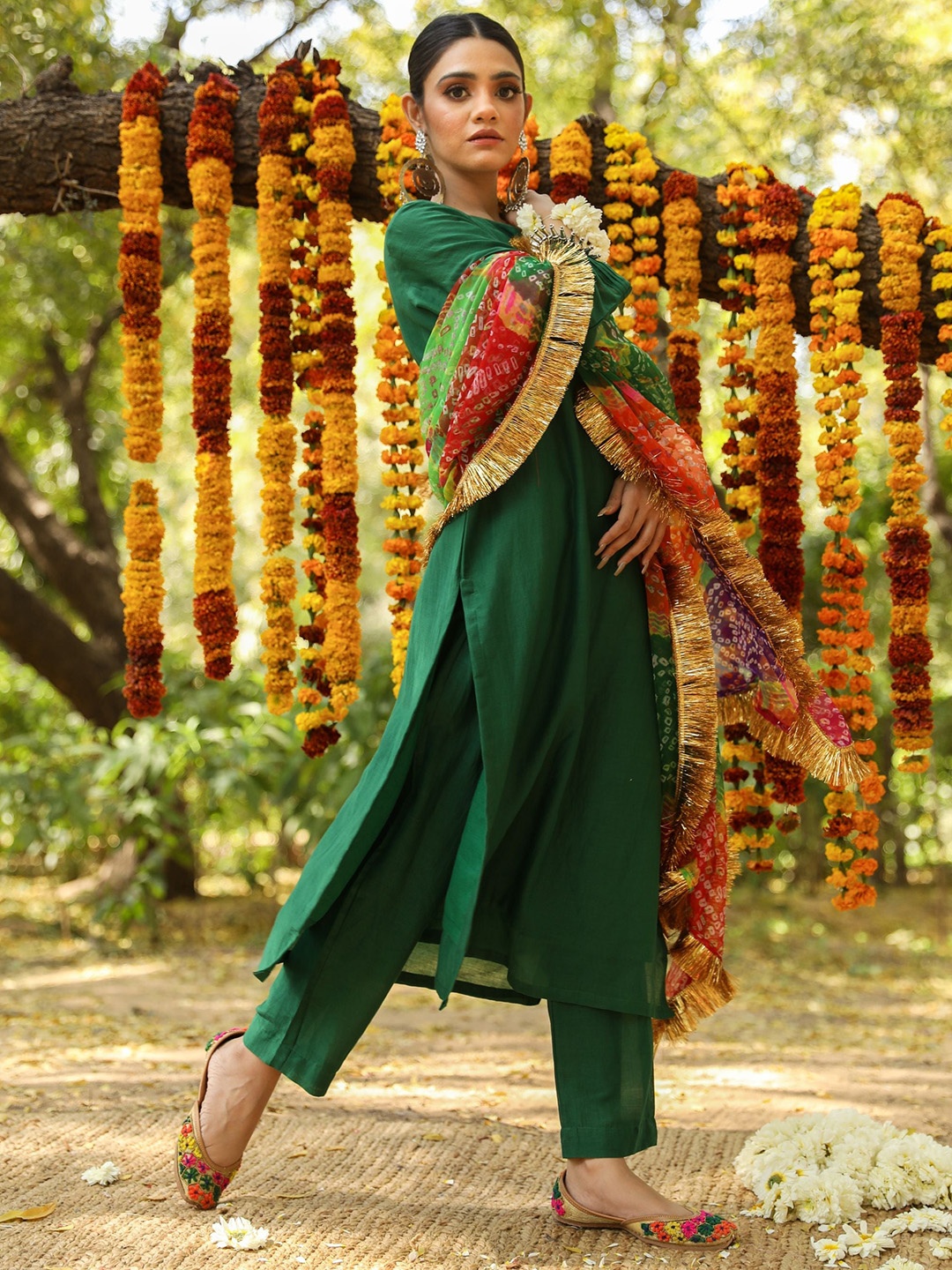 

GulaboJaipur Round Neck Pure Silk Straight Kurta With Trousers & Dupatta, Green