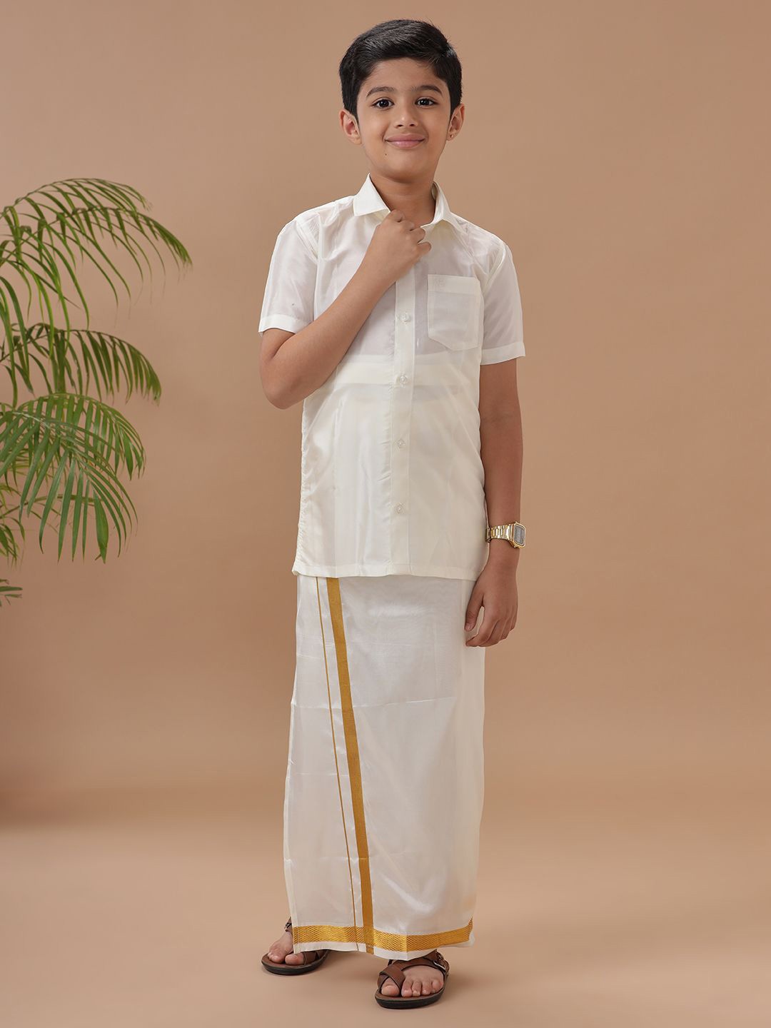 

Ramraj Boys Short Sleeves Shirt With Zari Border Dhoti, Cream