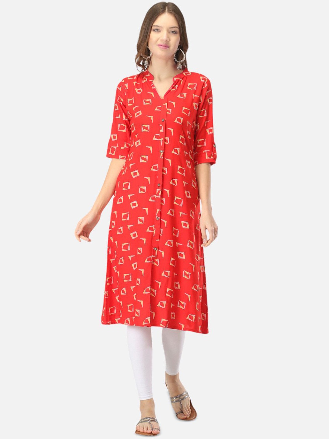 

Biyu Geometric Printed Mandarin Collar Cotton A-Line Kurta, Red