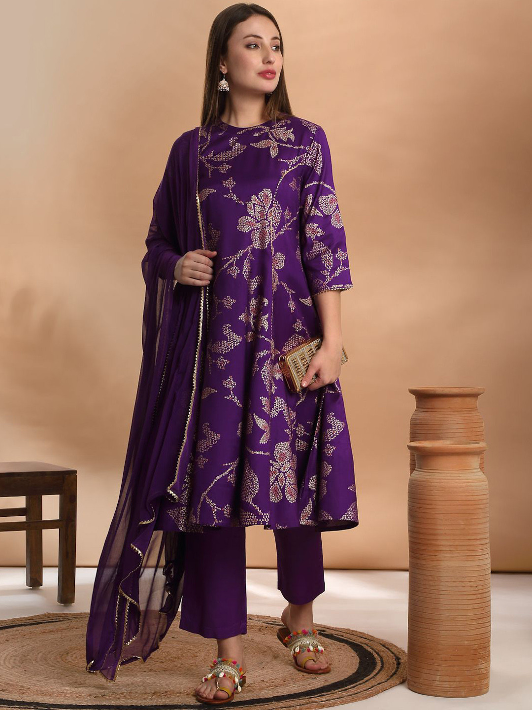 

Likha Floral Printed Gotta Patti Kurta with Pyjama & Dupatta, Purple