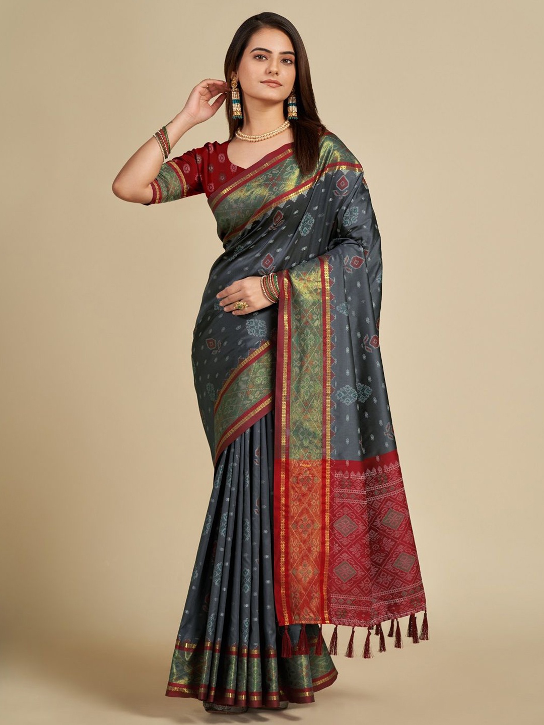 

Suha Ethnic Motifs Woven Design Zari Pure Silk Patola Saree, Grey