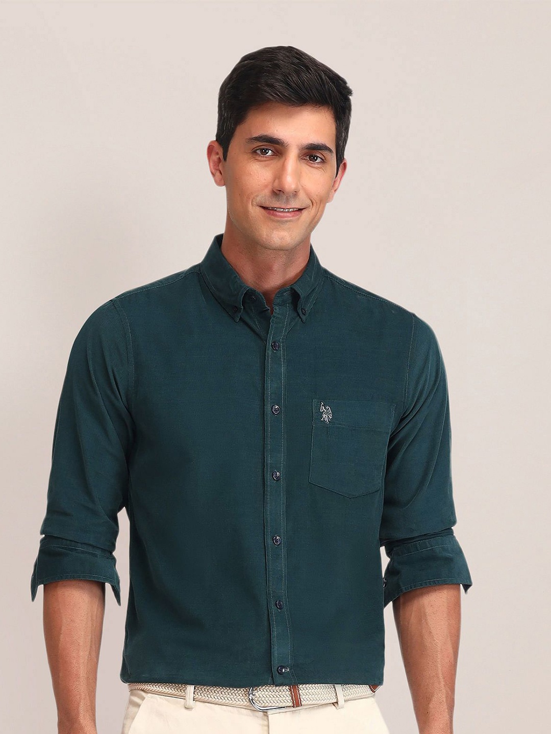 

U.S. Polo Assn. Men Button-Down Collar Solid Cotton Tailored Fit Casual Shirt, Green