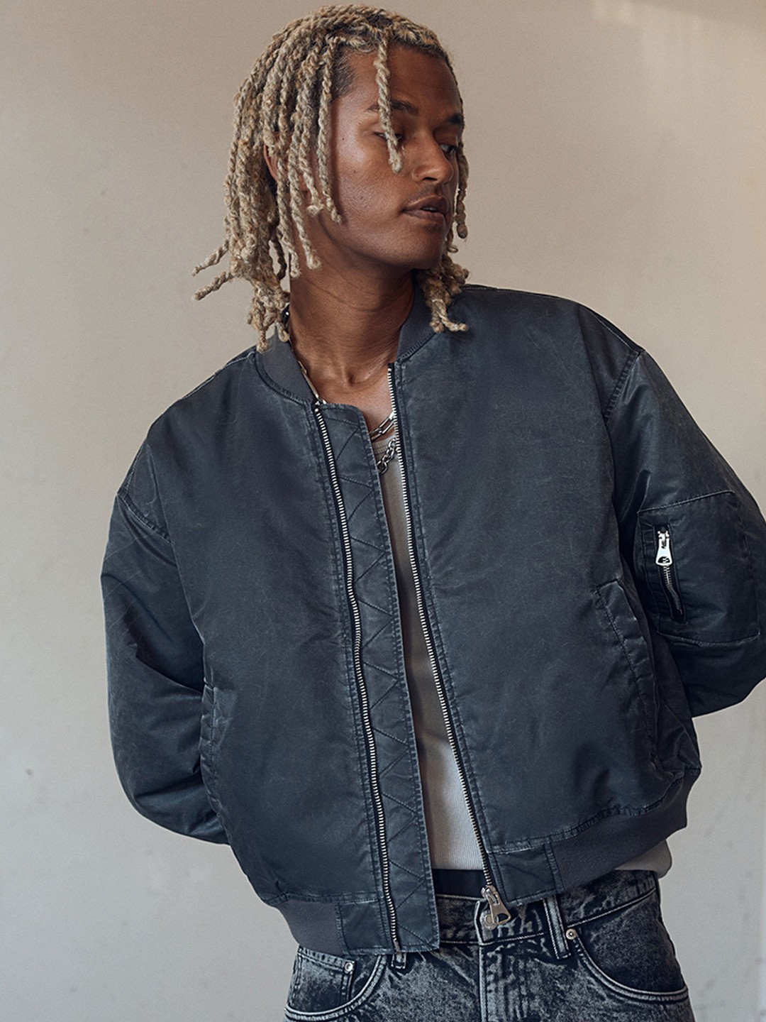 

H&M Oversized Fit Washed Bomber Jackets, Grey