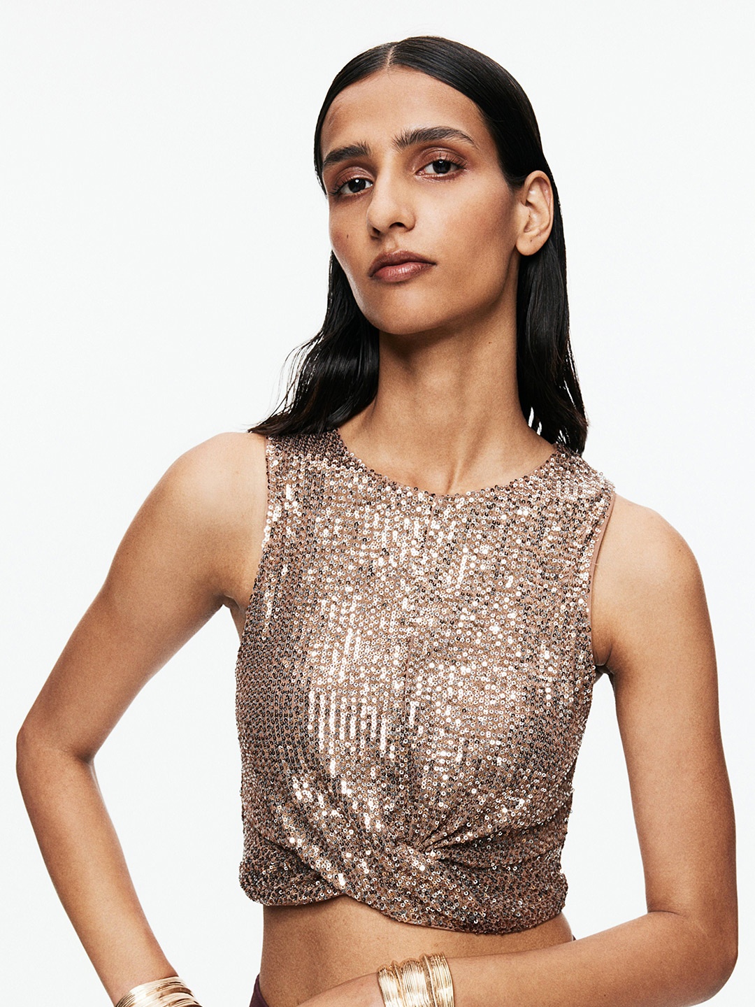 

H&M Women Cropped Sequined Top, Brown