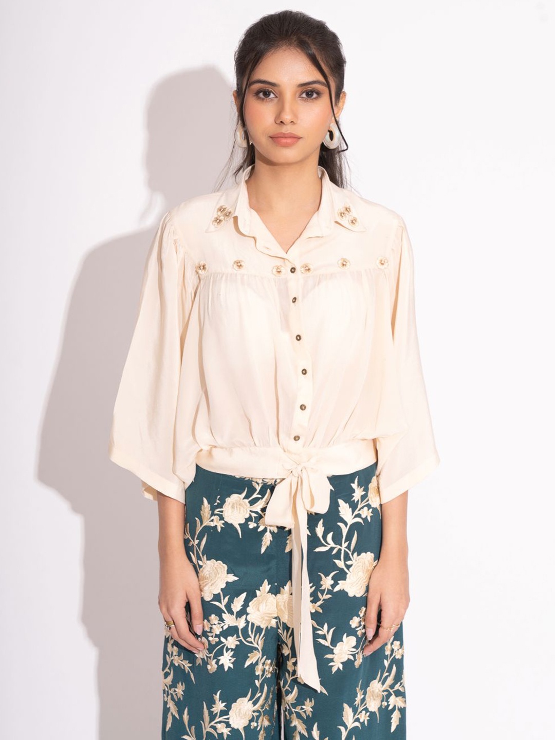 

HOUSE OF INARI Women Flared Sleeve Pure Silk Shirt Style Top, Off white