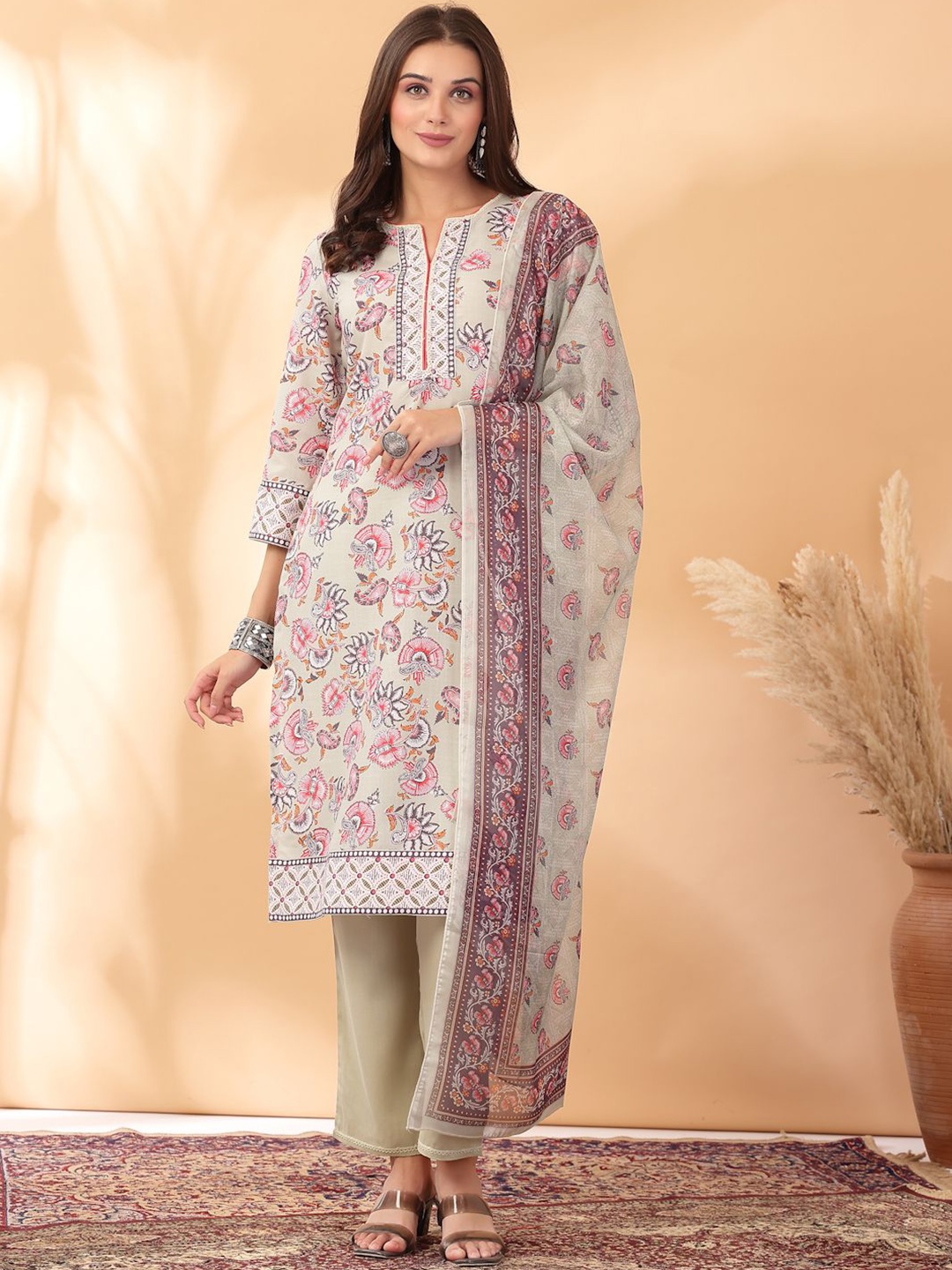 

Nayam By Lakshita Floral Printed Linen Kurta with Palazzo & Dupatta, Beige