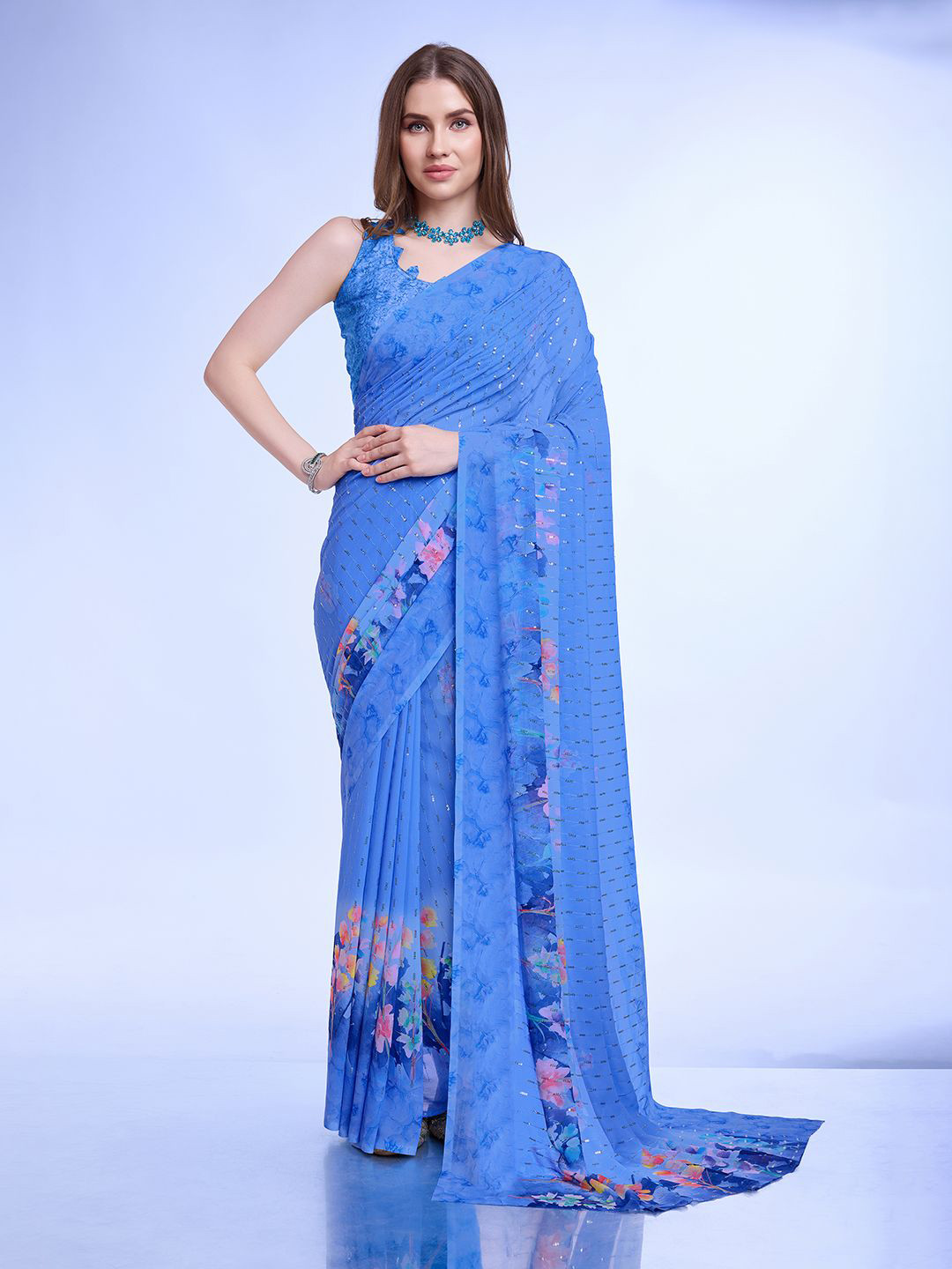 

Ishin Floral Sequinned Poly Chiffon Saree, Blue