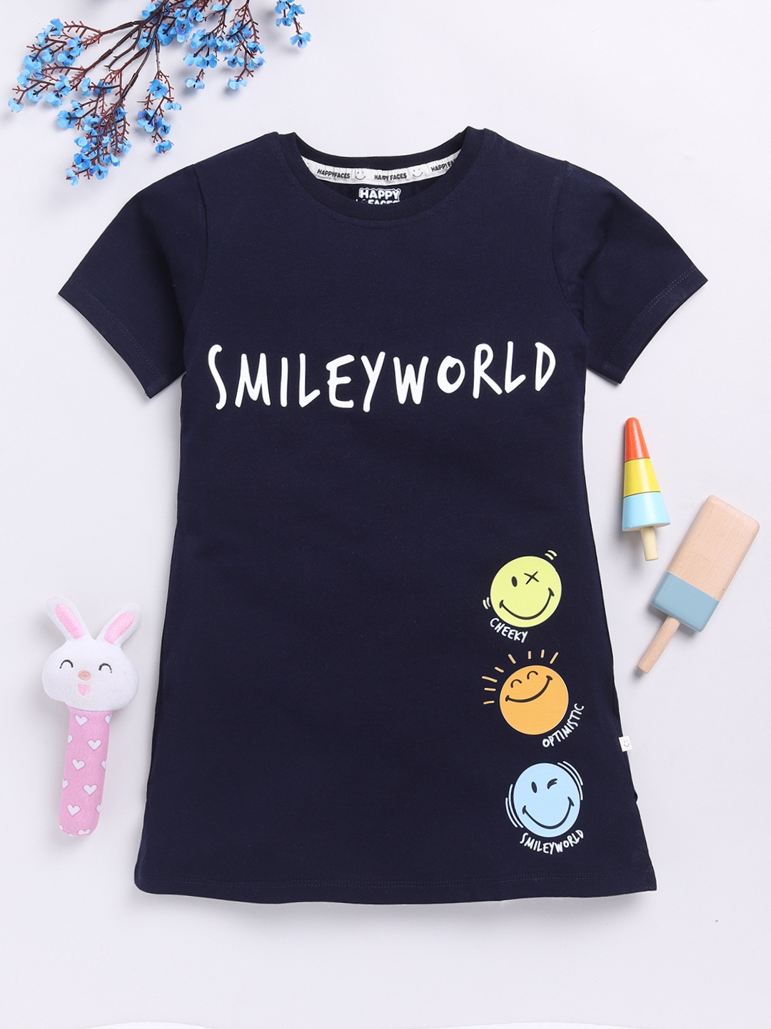 

Happy Faces Kids Girls Typography Printed Pure Cotton Longline T-Shirt, Navy blue