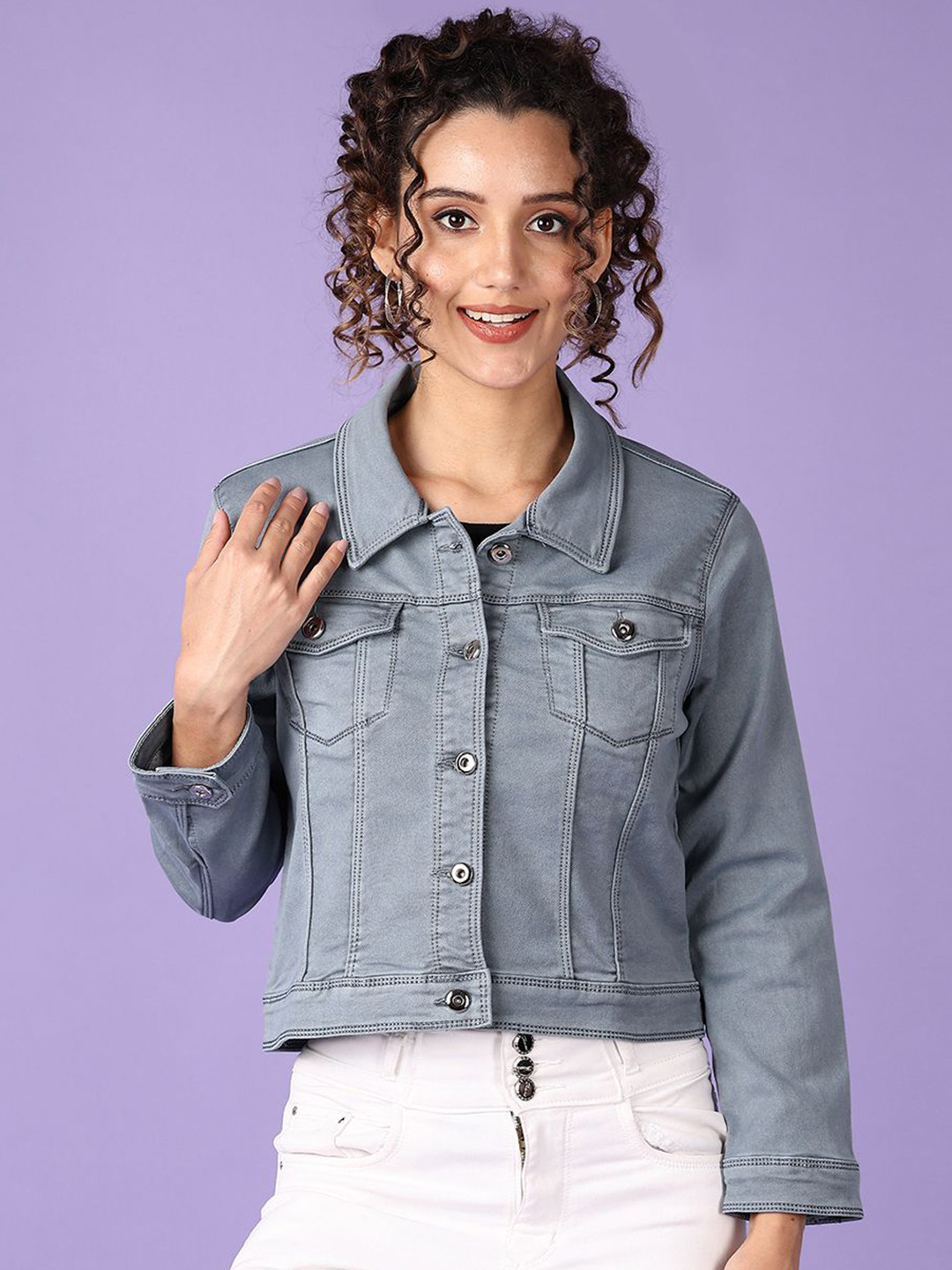 

V-Mart Women Spread Collar Solid Cotton Casual Denim Jacket, Grey