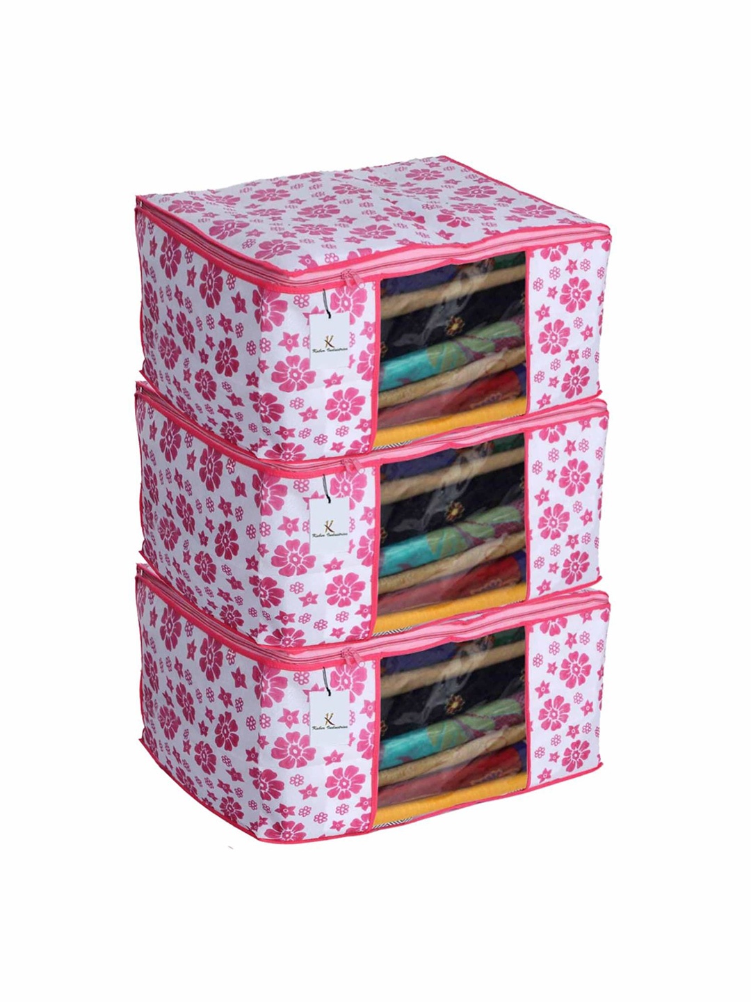 

Kuber Industries Pink 3 Pieces Floral Printed Multi-Utility Organisers