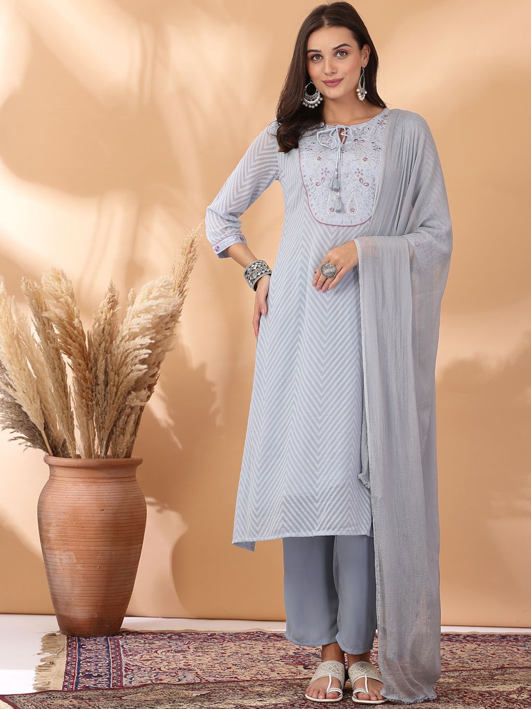 

Nayam By Lakshita Floral Embroidered Sequinned Kurta with Palazzo & Dupatta, Blue