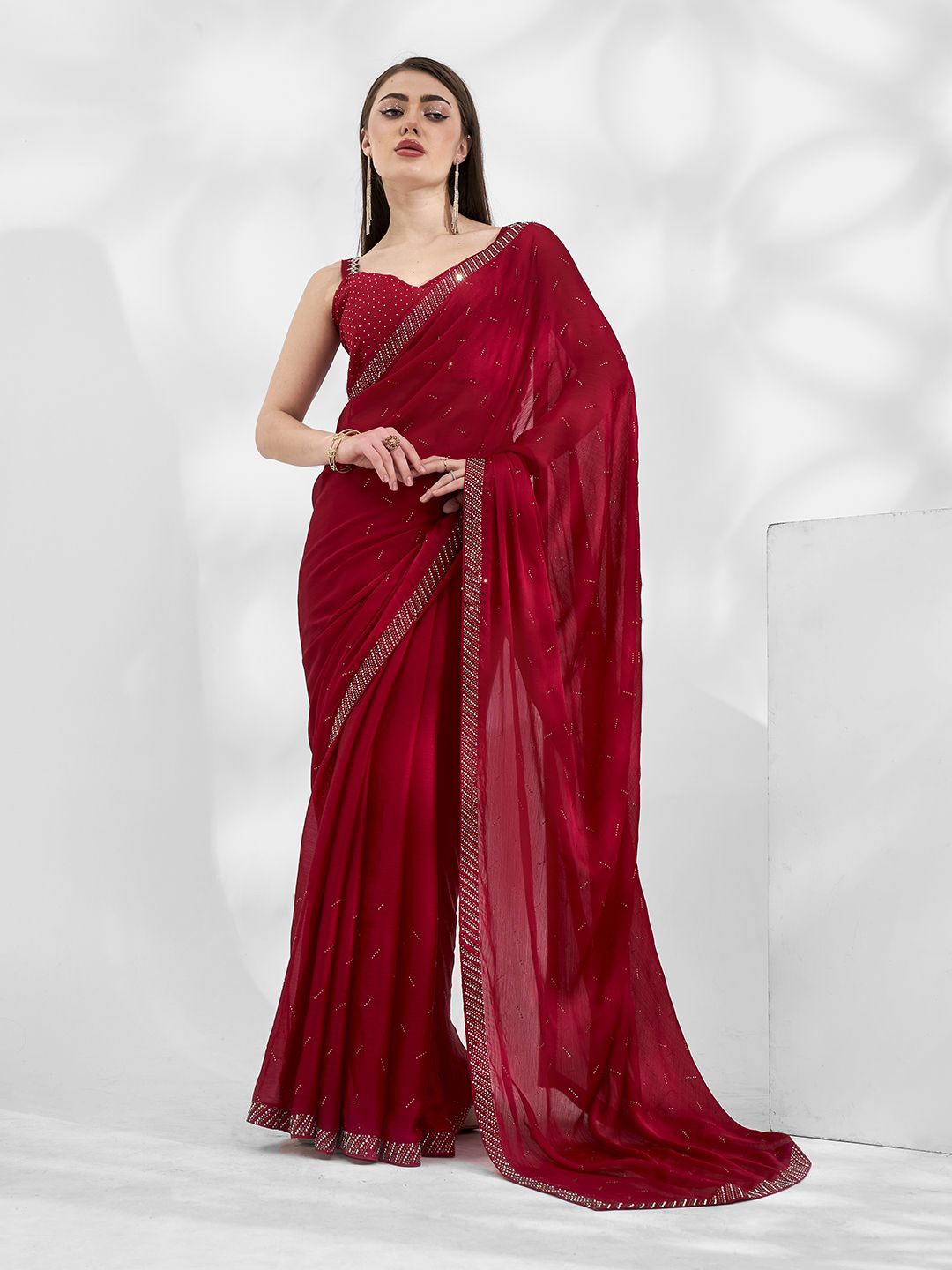 

Mitera Embellished Beads and Stones Pure Chiffon Ready to Wear Saree, Red
