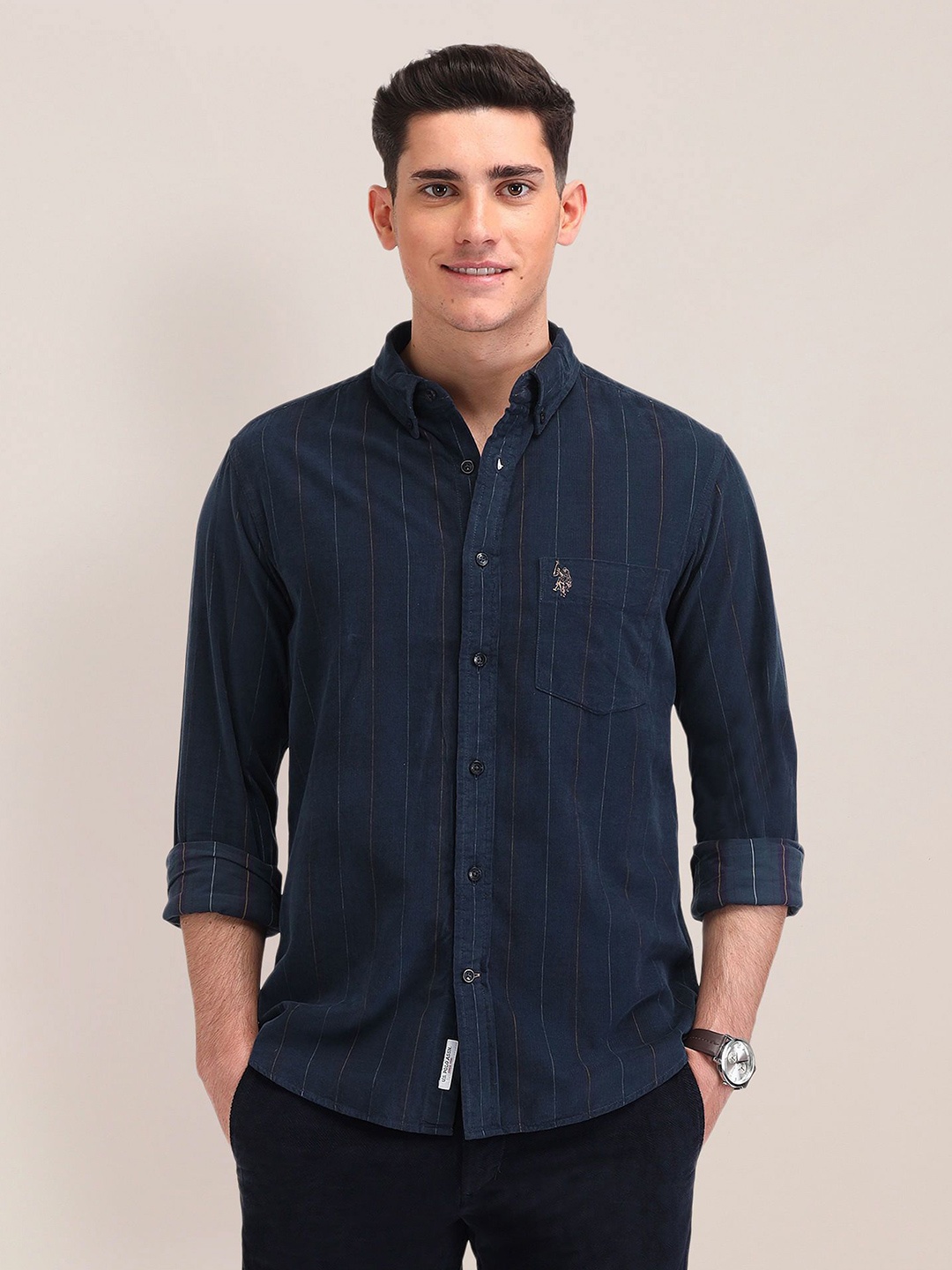 

U.S. Polo Assn. Men Button-Down Collar Vertical Striped Cotton Tailored Fit Casual Shirt, Blue