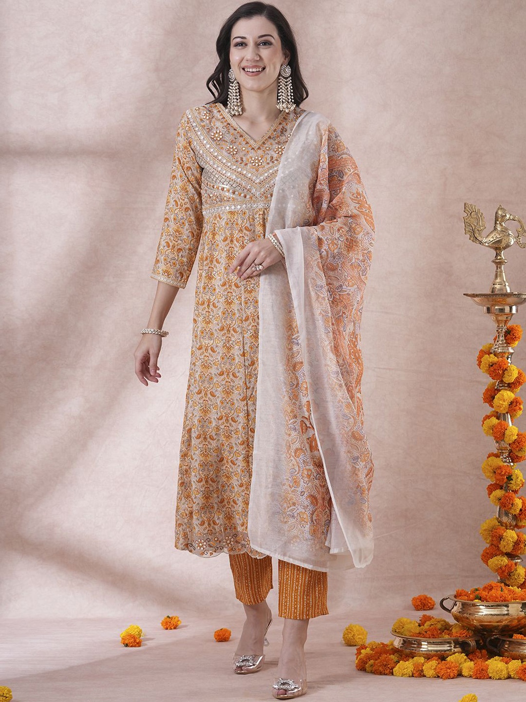 

FASHOR Yellow Floral Printed Regular Mirror Work Kurta With Trouser With Dupatta