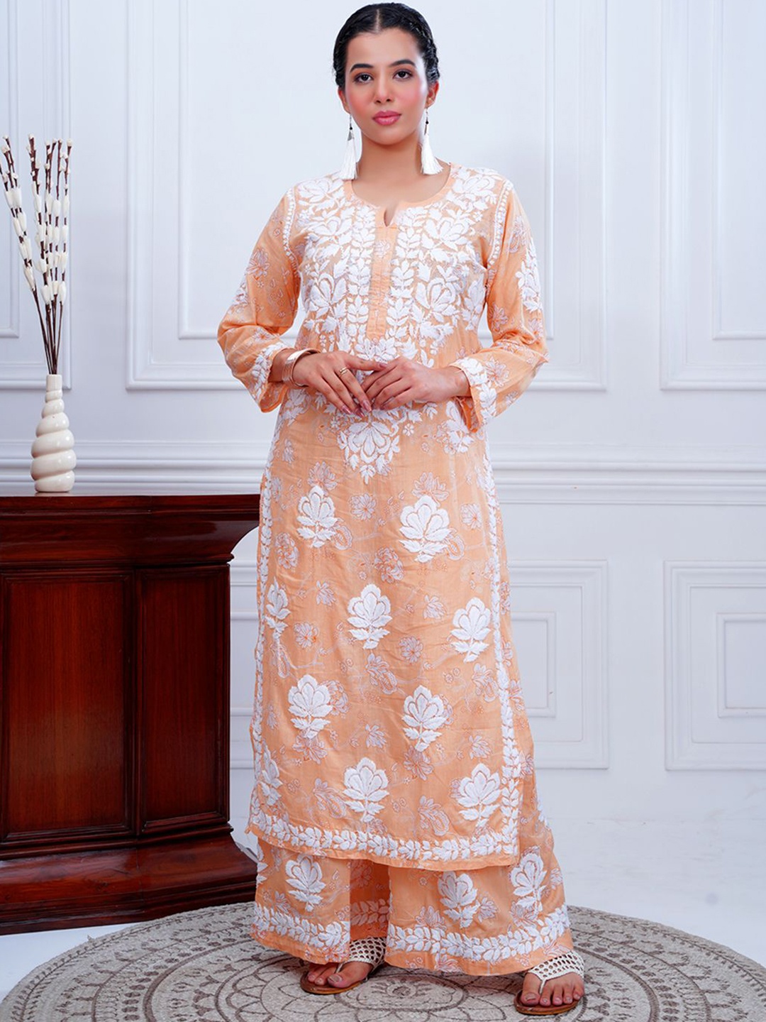 

The Chikan Label Floral Embroidered Chikankari Mulmul Cotton Straight Kurta with Palazzos, Beige